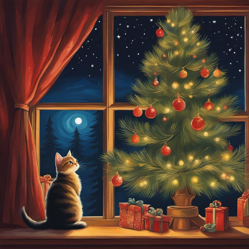 [Style of vintage illustration] Christmas kitten looking at a Christmas tree besides a fireplace in a cozy living room, night sky through the window; [Painting, Art Nouveau] Christmas kitten looking at a Christmas tree besides a fireplace in a cozy living room, night sky through the window