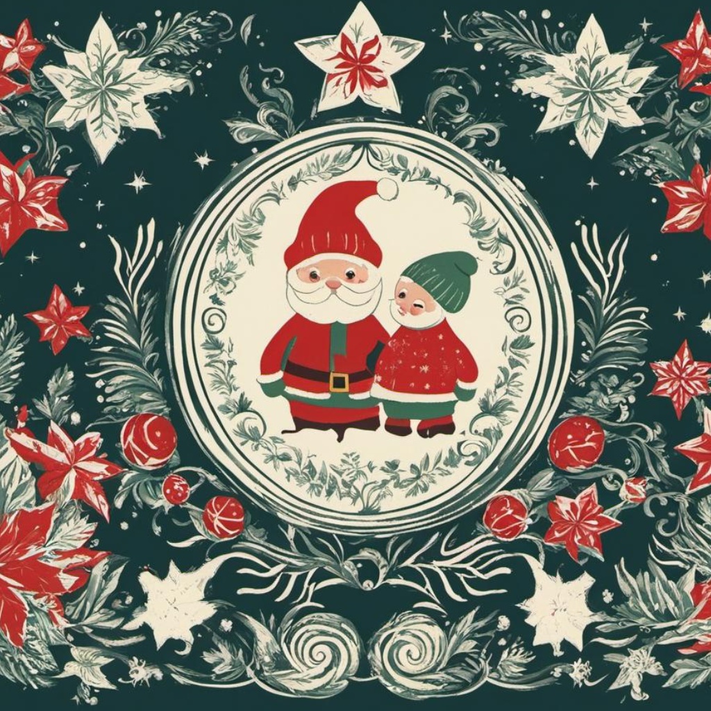 [Style of vintage illustration] a festive and eye-catching design to be used as an iron-on transfer, Incorporate holiday-themed elements and use colors that evoke the spirit of Christmas.