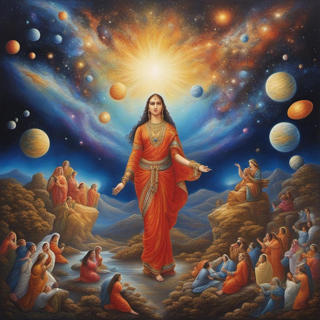 [Painting, classical] The universe is a beautiful harmony of everything as one being in constant transformation, one being in a constant state of resurrection::100 
women people::-90