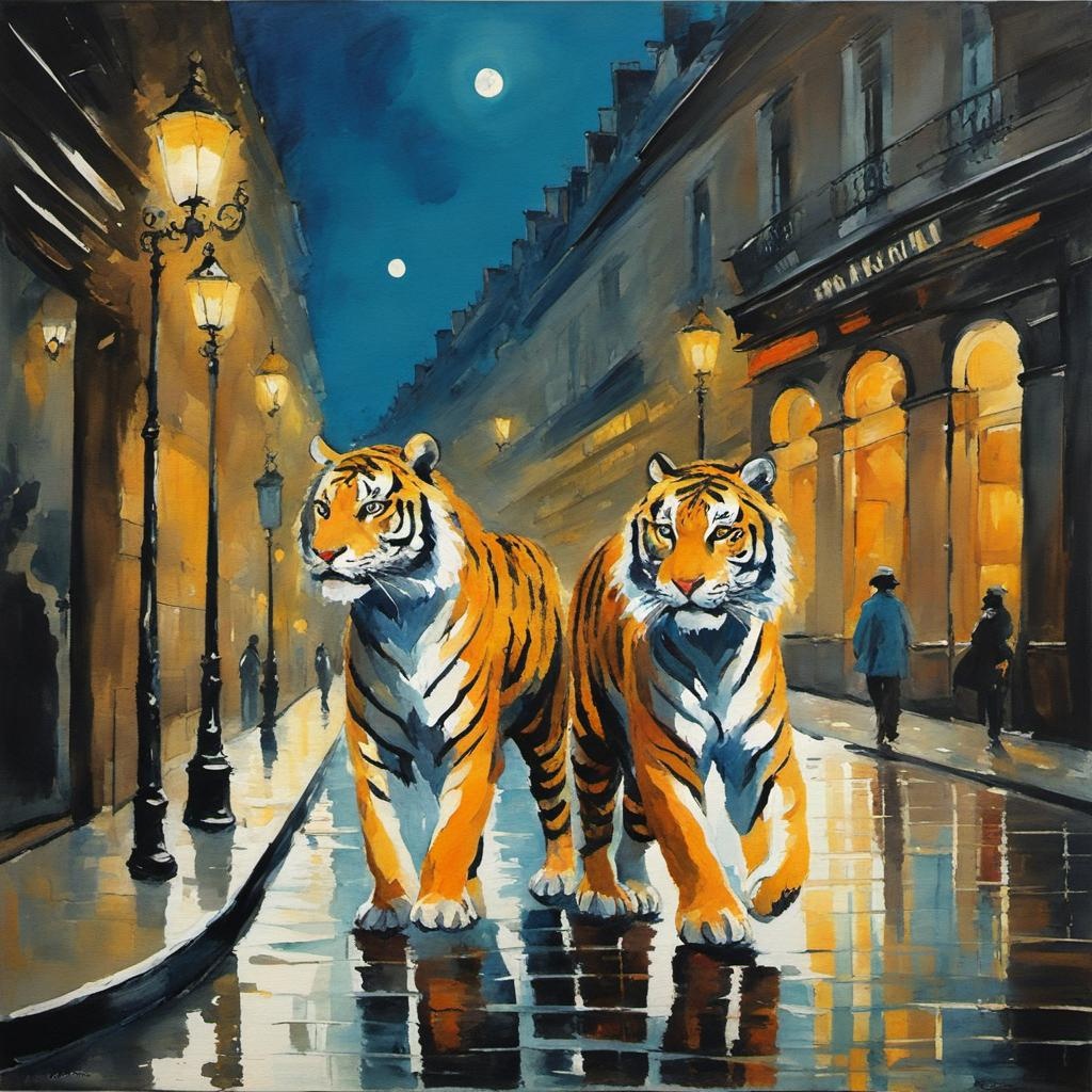 [Watercolor painting style, masterpiece] painting, two tigers wandering through the streets of paris, moonlight, cuno amiet, andrew atroshenko; [Watercolor painting style, masterpiece] painting, two tigers wandering through the streets of paris, moonlight, cuno amiet, andrew atroshenko