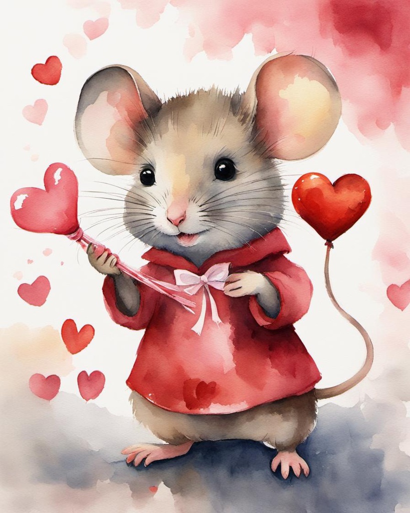 [Watercolor painting style, masterpiece] Sweet little mouse holding her Valentine