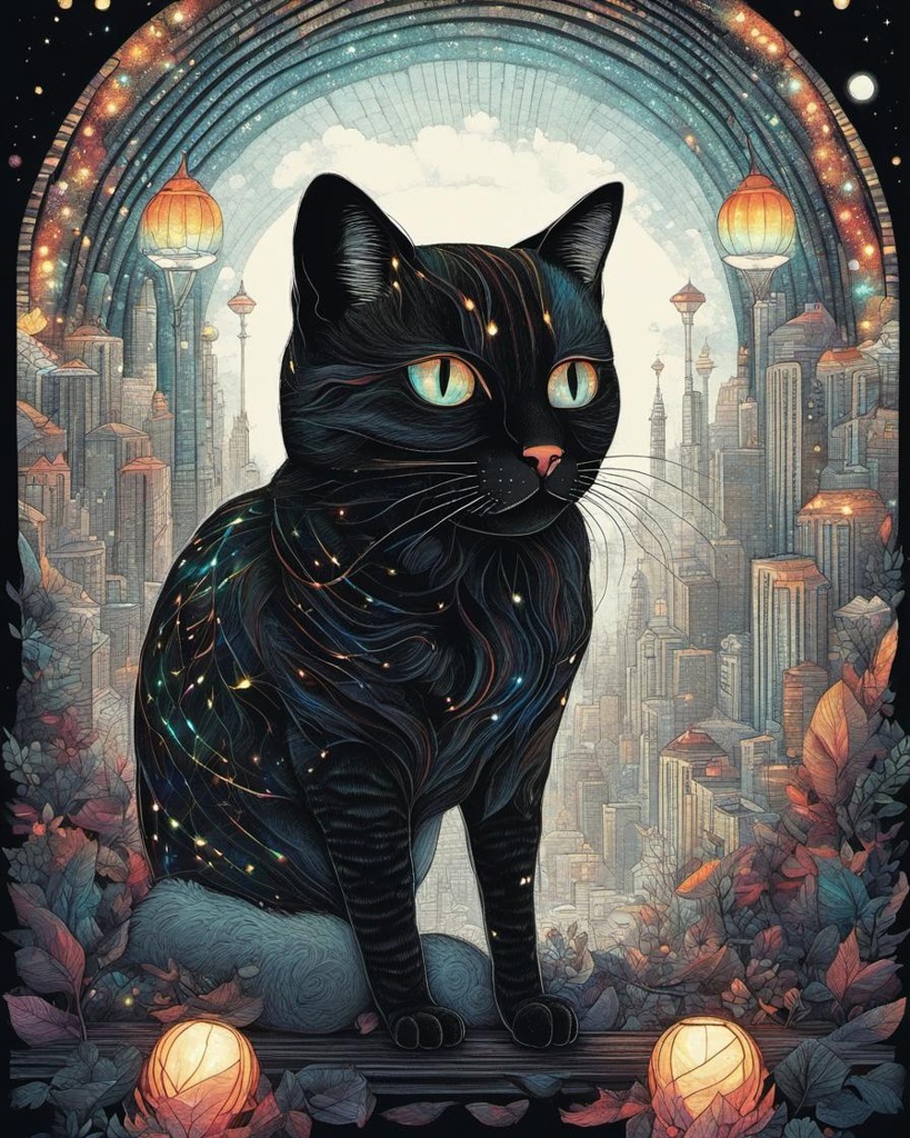 [Style of vintage illustration] Fairy lights black white rainbow Stipple drawing Striped cat Fairy cat with wings texture intricately detailed high-resolution, ultra-detailed Utopia utopian city by the styles of Cyril Rolando, Dan Mumford, and Albert Bierstadt, Botticelli, Victo Ngai, magical and captivating background