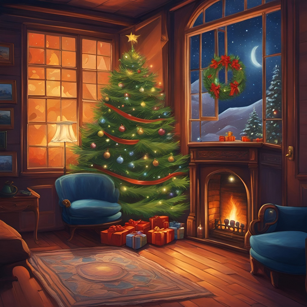 [Style of vintage illustration] Christmas elf, looking at a Christmas tree besides a fireplace in a cozy living room, night sky through the window; [Painting, Art Nouveau] Christmas elf, looking at a Christmas tree besides a fireplace in a cozy living room, night sky through the window; [Painting, Art Nouveau] Christmas tree besides a fireplace in a cozy living room, night sky through the window