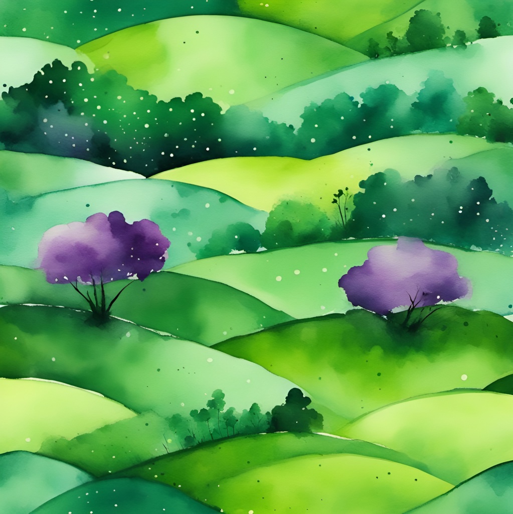 [Watercolor painting style, masterpiece] aloof still violet green delicate landscape with dots and seamless rolls mesmerizing; [Watercolor painting style, masterpiece] aloof still violet green delicate landscape with dots and seamless rolls mesmerizing; [Watercolor painting style, masterpiece] aloof still violet green delicate landscape with dots and seamless rolls mesmerizing