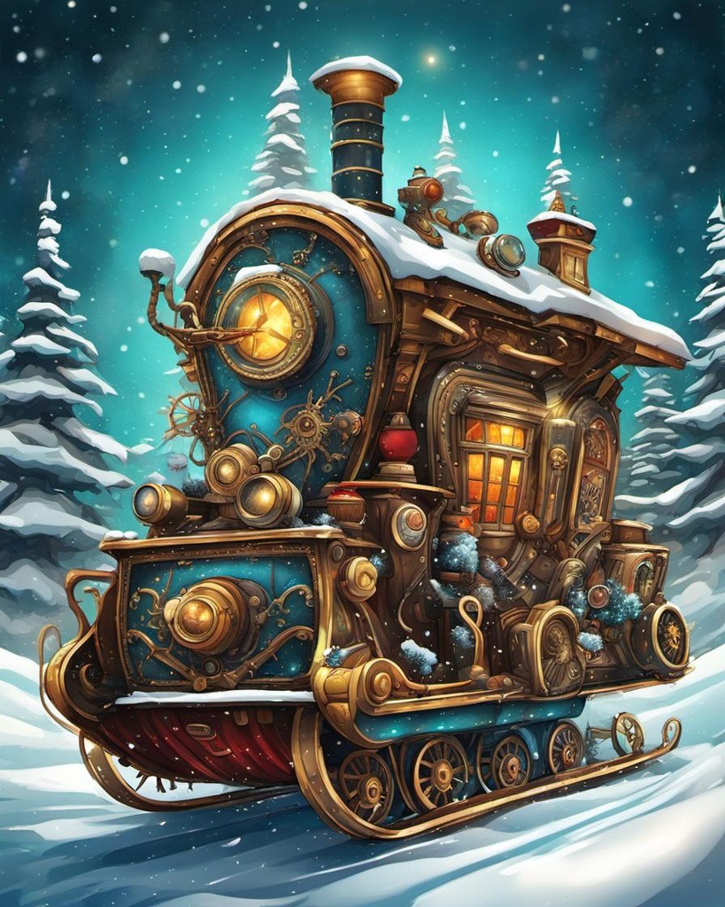 [Watercolor painting style, masterpiece] Steampunk winter wonderland, Steampunk Santa, steampunk Christmas sled, snow, trees,  abstract vector fractal, Zentangle, 3d shading graffiti art, splash art, street art, spray paint, oil gouache melting, acrylic, high contrast, colorful polychromatic, ultra detailed, ultra quality, CGSociety; [Style of vintage illustration] Steampunk winter wonderland, Steampunk Santa, steampunk Christmas sled, snow, trees,  abstract vector fractal, Zentangle, 3d shading graffiti art, splash art, street art, spray paint, oil gouache melting, acrylic, high contrast, colorful polychromatic, ultra detailed, ultra quality, CGSociety