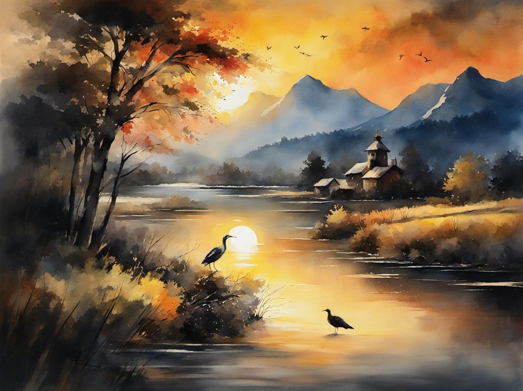 [Watercolor painting style, masterpiece] Chiaroscuro, a masterpiece award winning, trophy painting of an epic sunrise, river, trees, birds, tranquil setting mountains