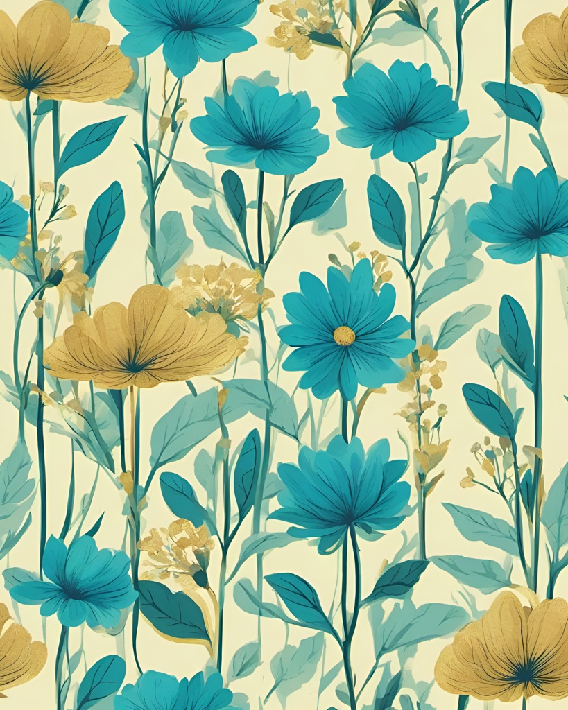 [Watercolor painting style, masterpiece] minimalistic cyan, blue and golden flowers with green stems; [Oil painting style, impasto, masterpiece] minimalistic cyan, blue and golden flowers with green stems; [Style of vintage illustration] minimalistic cyan, blue and golden flowers with green stems