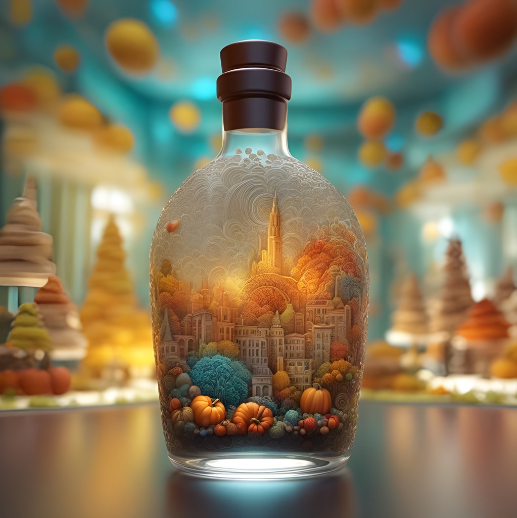 Close-up photograph of a glass bottle realistically containing a 3D micro scene with intricate details, set against a softly blurred room full of people, glowing text [“happy thanksgiving”]
 abstract vector fractal, wave function, Zentangle, 3d shading; Close-up photograph of a glass bottle realistically containing a 3D micro scene with intricate details, set against a softly blurred room full of people, glowing text [“happy thanksgiving”]
 abstract vector fractal, wave function, Zentangle, 3d shading