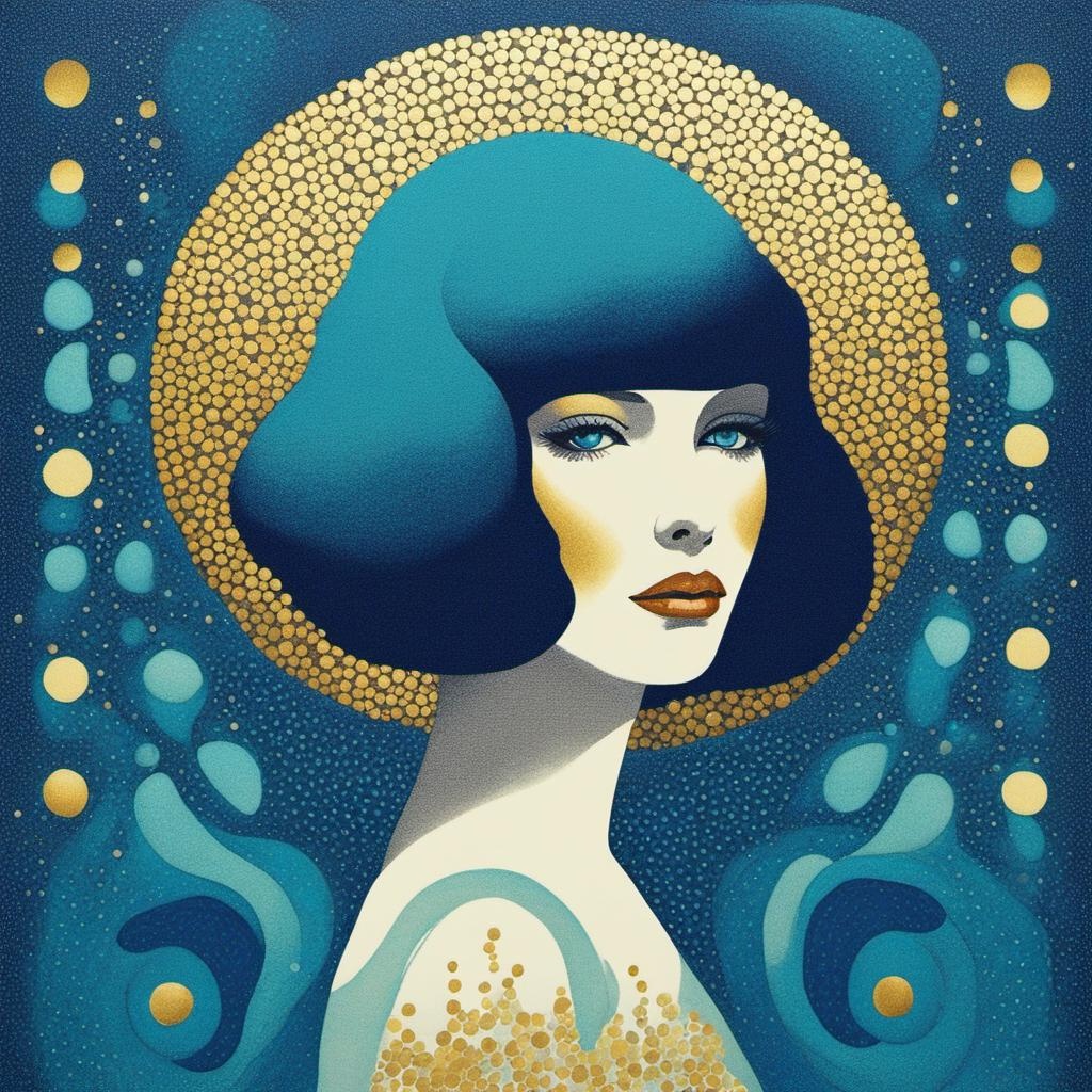 [Painting, minimalism] retro chic, art nouveau fashion model, pointillist stippling, dot pointillism, patterns, serene, rounded, stencil-like imagery, magical, abstract, surreal, teal, gold, cobalt blue palette, moonlight