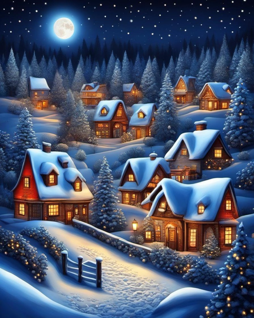 [Oil painting style, impasto, masterpiece] white village landscape, cozy houses at Christmastime, blue sky, white clouds, beautiful trees, white snow, sharp focus, warm Christmas atmosphere, elegant intricate 8k 3D masterpiece beautiful high definition crisp quality surreal watercolor and line art elaborate rich colors spectacular zentangle style; white village landscape, cozy houses at Christmastime, blue sky, white clouds, beautiful trees, white snow, sharp focus, warm Christmas atmosphere, elegant intricate 8k 3D masterpiece beautiful high definition crisp quality, elaborate rich colors spectacular zentangle style; village landscape, cozy houses at Christmastime, night sky, moon, beautiful trees with Christmas lights, white snow, sharp focus, warm Christmas atmosphere, elegant intricate 8k 3D masterpiece beautiful high definition crisp quality, elaborate rich colors spectacular zentangle style