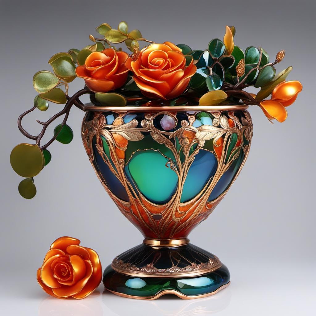 [Painting, Art Nouveau] antique plant pot with real plant, phoenician blown glass, museum quality, vivid deep colors, crystal glass, tastefully decoration of transparent autumn leaves, rose gold, green, gold, blue, silver, Australian native flowers and beautiful crystal Art Nouveau cat elegantly decorates the pot, artisan, intricate elegant,