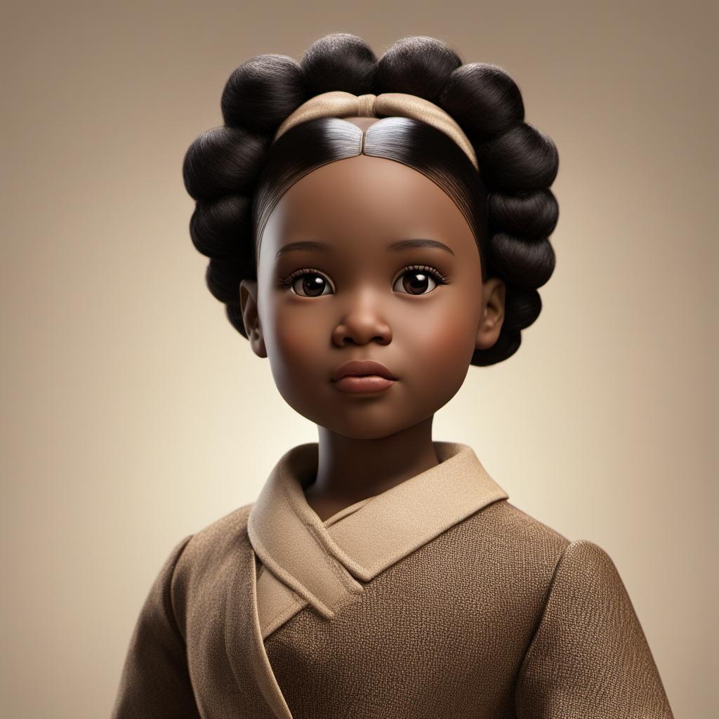 [Style of CG graphics, 3d rendering, blender] 1930s African American doll, expressive-eyes, nose-up, hair in a bun, ideal, profile