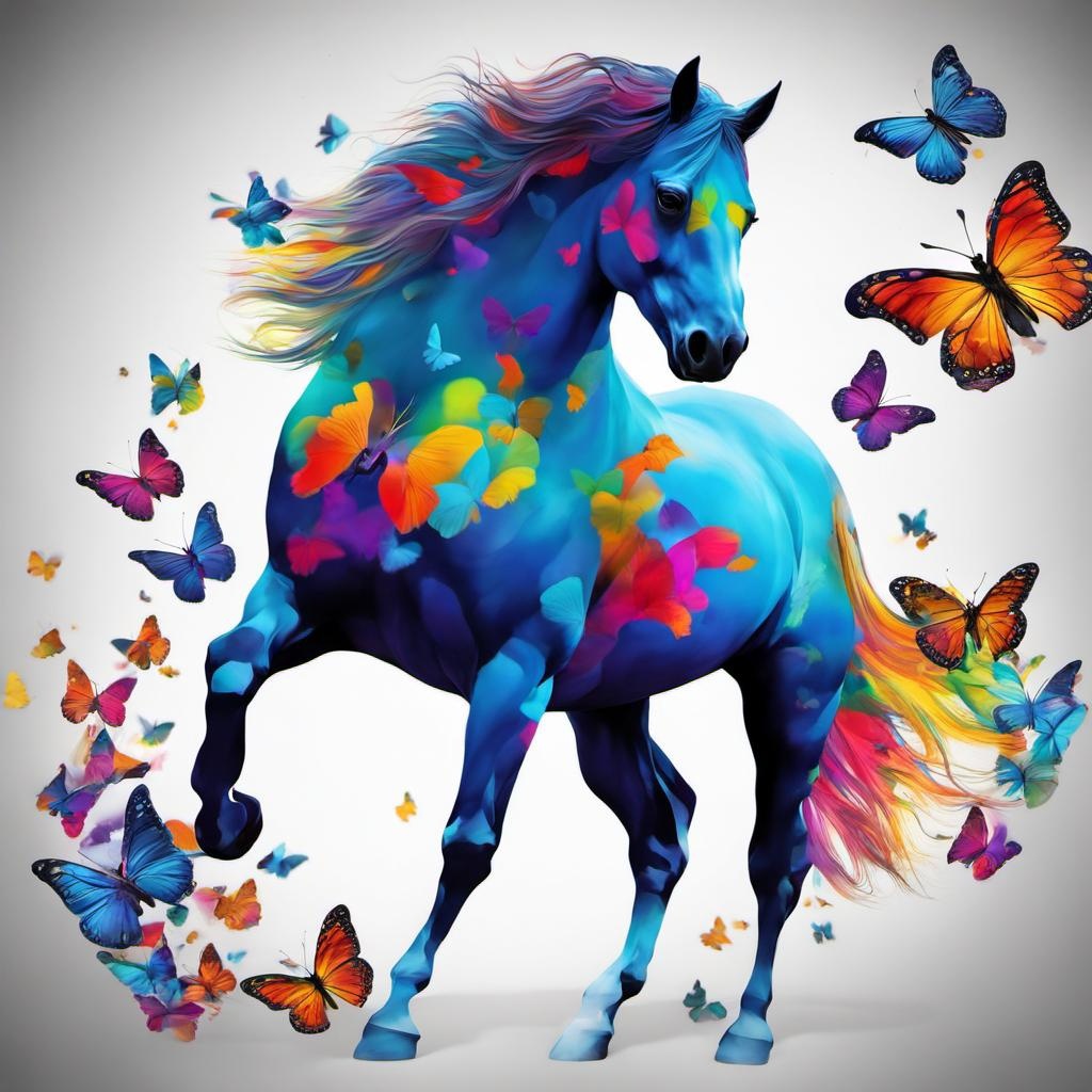 [vibrant liquid plasma] Side silhouette of a horse walking, with large butterflies, in a body made of multicolored butterflies that is almost transparent but you can see all the butterflies flowing off as the horse walks forward