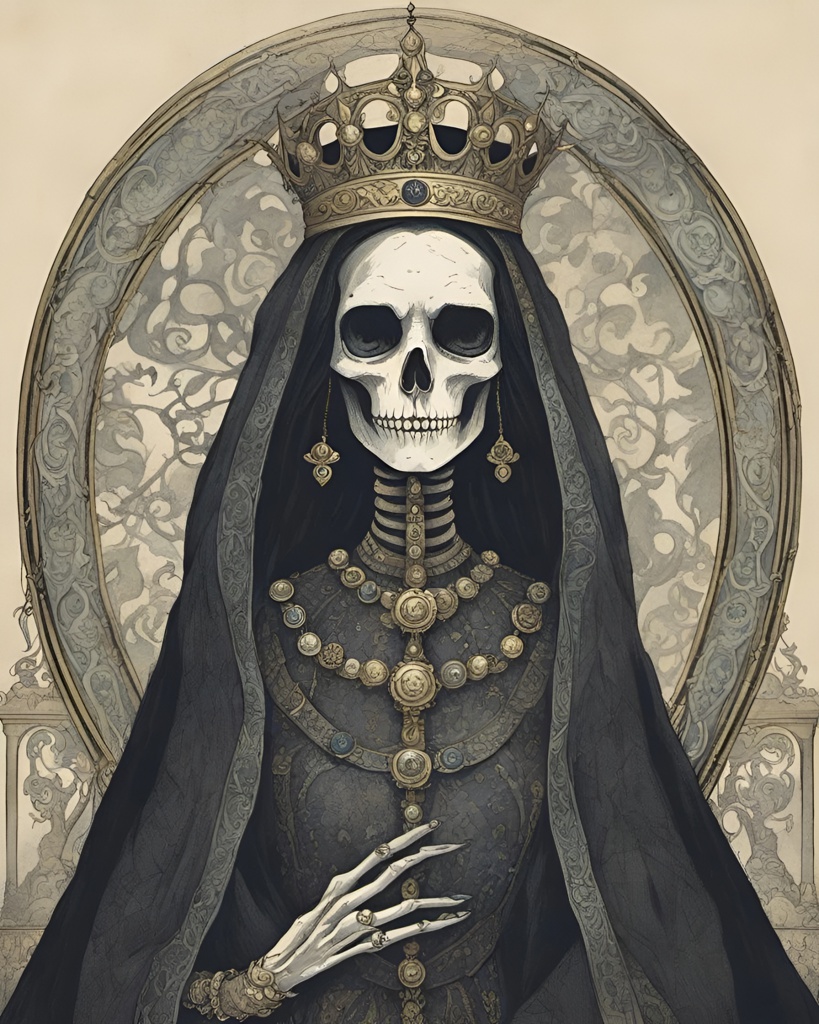 [Style of vintage illustration] Queen, skeleton face, medieval period, gris grimly,