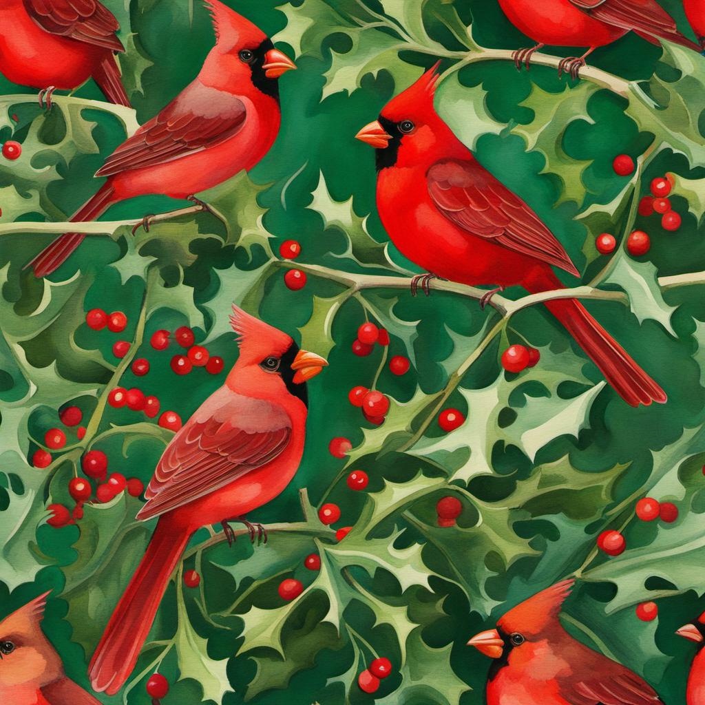 [Style of vintage illustration] watercolor painting of red cardinals on holly branches, emerald crimson, Nicole Eisenman style