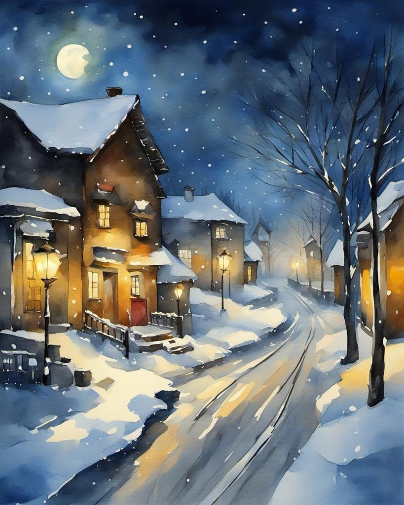 [Watercolor painting style, masterpiece] Winter, cozy village, snow, full moon in the night sky, Street lamps.