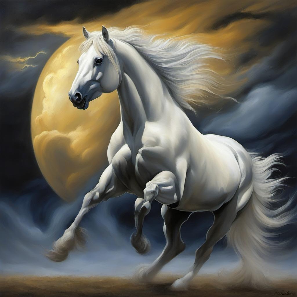 [Painting, surrealism] Kinetic light painting, american cream draft majestic stallion galloping, long mane and tail swept up by the wind, moonlit, tenebrism, mysterious scene, twilight hour, stormy clouds