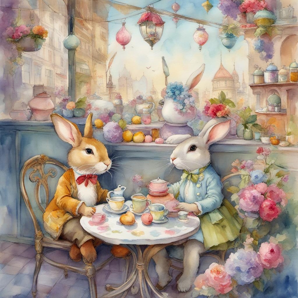 [Watercolor painting style, masterpiece] Gorgeous watercolor patchwork shabby chic, fantastic anthropomorphic bunny's working in a shabby chic pastel cafe, macaroons, tea, detailed, exquisitely intricate, beautiful, clear, high-quality, colorful, very cute, unreal matte painting without corners, Kandinsky dot painting, Daniel Merriam Rej Irina, highly detailed elegant fantasy intricate beautiful poster Pino Daeni Cicely Barker Rej Irina pastel colors, in the style of Inga löök, soft watercolor and ink illustration fantasy intricate colorful very cute Comic Enoch Bolles; [Watercolor painting style, masterpiece] Gorgeous watercolor patchwork shabby chic, fantastic anthropomorphic Bunny working in a shabby chic pastel cafe, macaroons, tea, detailed, exquisitely intricate, beautiful, clear, high-quality, colorful, very cute, unreal matte painting without corners, Kandinsky dot painting, Daniel Merriam Rej Irina, highly detailed elegant fantasy intricate beautiful poster Pino Daeni Cicely Barker Rej Irina pastel colors, in the style of Inga löök, soft watercolor and ink illustration fantasy intricate colorful very cute Comic Enoch Bolles; [Watercolor painting style, masterpiece] Gorgeous watercolor patchwork shabby chic, fantastic anthropomorphic Bunny working in a shabby chic pastel cafe, macaroons, tea, detailed, exquisitely intricate, beautiful, clear, high-quality, colorful, very cute, unreal matte painting without corners, Kandinsky dot painting, Daniel Merriam Rej Irina, highly detailed elegant fantasy intricate beautiful poster Pino Daeni Cicely Barker Rej Irina pastel colors, in the style of Inga löök, soft watercolor and ink illustration fantasy intricate colorful very cute Comic Enoch Bolles. NO misshapen or deformed paws.