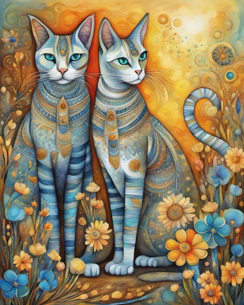 [Watercolor painting style, masterpiece] Egyptian cats walking with little flowers acrylic oil pastel abstract vector fractal, Zentangle, 3d shading