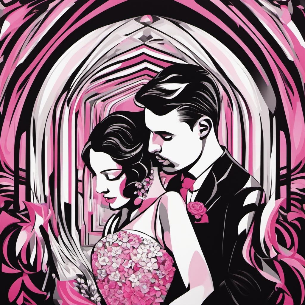 orphism style, bride and groom, pink white black