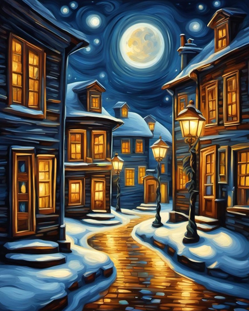 [Oil painting style, impasto, masterpiece] Winter, cozy vintage village, snow, full moon in the night sky, Street lamps. abstract vector fractal,  Zentangle, 3d shading