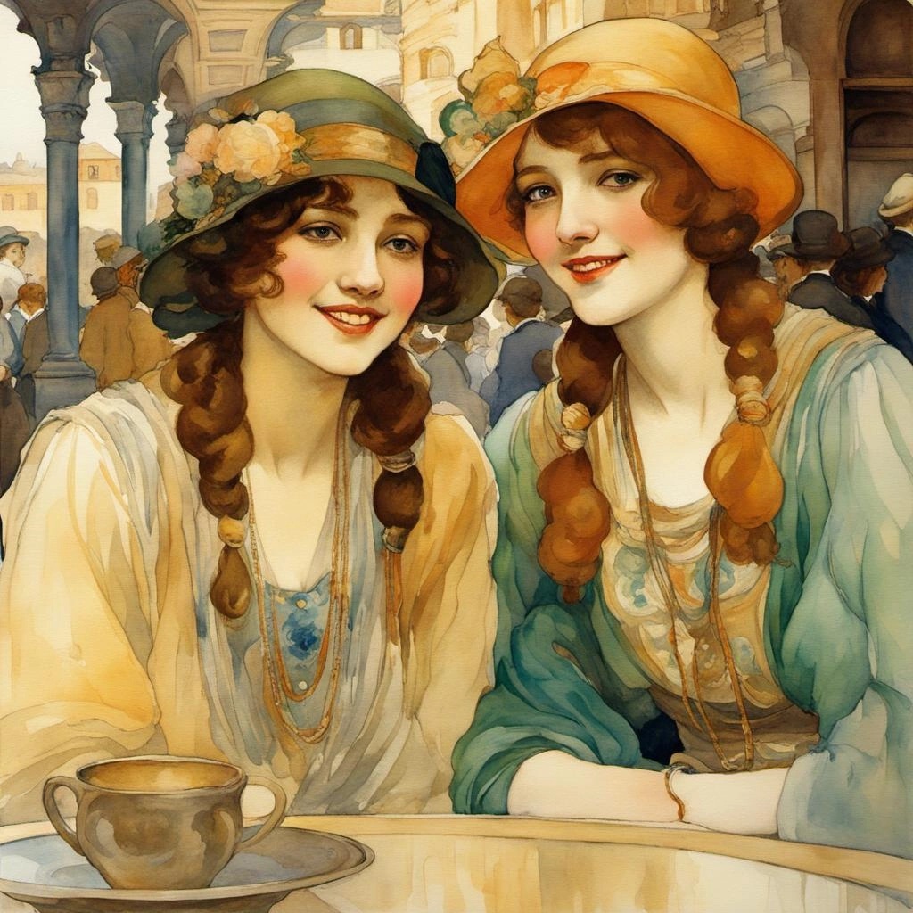 [Watercolor painting style, masterpiece] 2 beautiful smiling girls 1920s in a cafeteria european town square alphonse mucha gustav klimt art deco pre-raphaelites