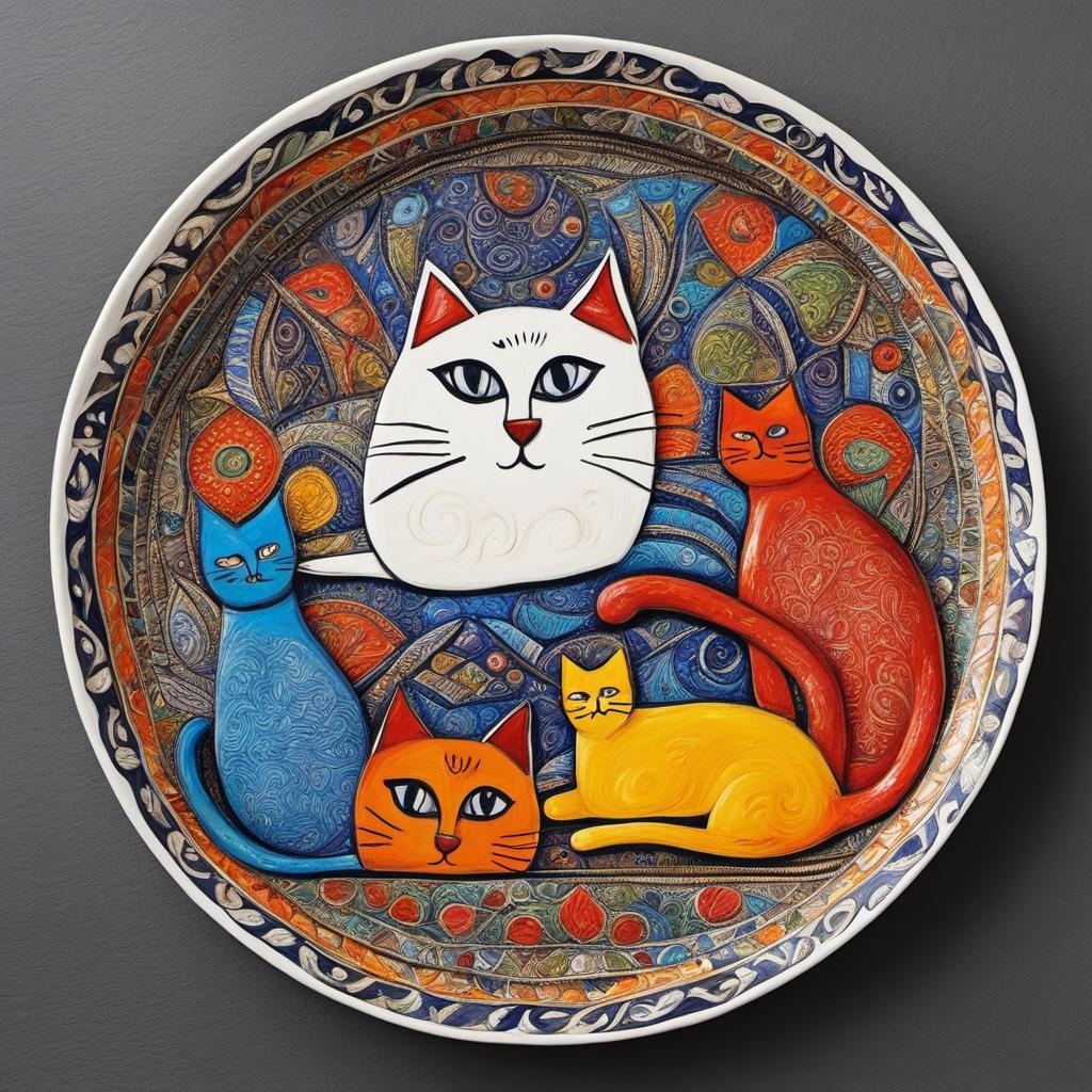 [Oil painting style, impasto, masterpiece] a round white glazed plate with hand-drawn madhubani art colored patterns of cute cats, porcelain, minimalist; [Oil painting style, impasto, masterpiece] a round white glazed plate with hand-drawn madhubani art colored patterns of cute cats, porcelain, minimalist