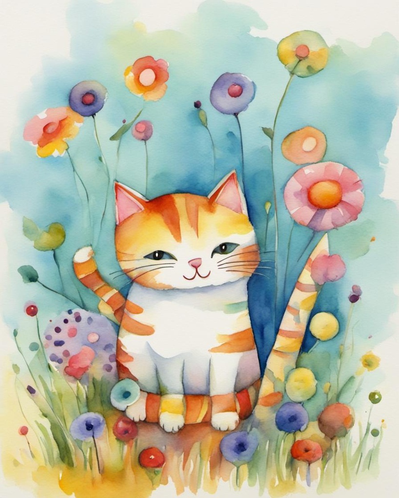 [Watercolor painting style, masterpiece] whimsical fun stick cats, pastels