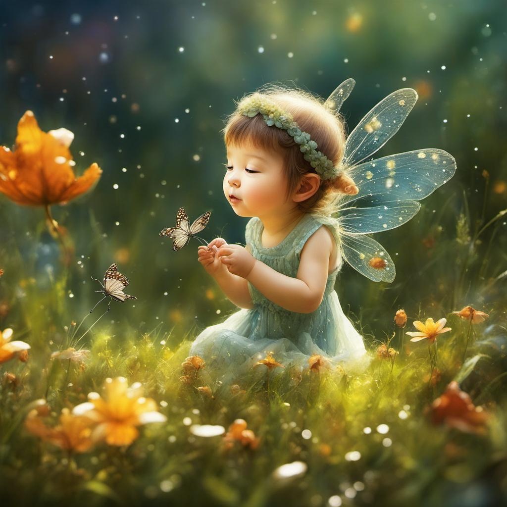 [Watercolor painting style, masterpiece] a whimsical and endearing scene comes to life. At the center, a captivating macro photograph captures the heartwarming sight of a tiny, adorable fairy joyously playing with a butterfly . The vibrant grass, adorned with dew drops, creates a picturesque backdrop that exudes the essence of fall. Rich and warm lights illuminate the scene, casting a magical aura over the tiny creatures and their surroundings. With meticulous attention to detail, this high-quality photograph is a visual treat that radiates charm, inviting viewers to immerse themselves in its delightful atmosphere. Surrealist art