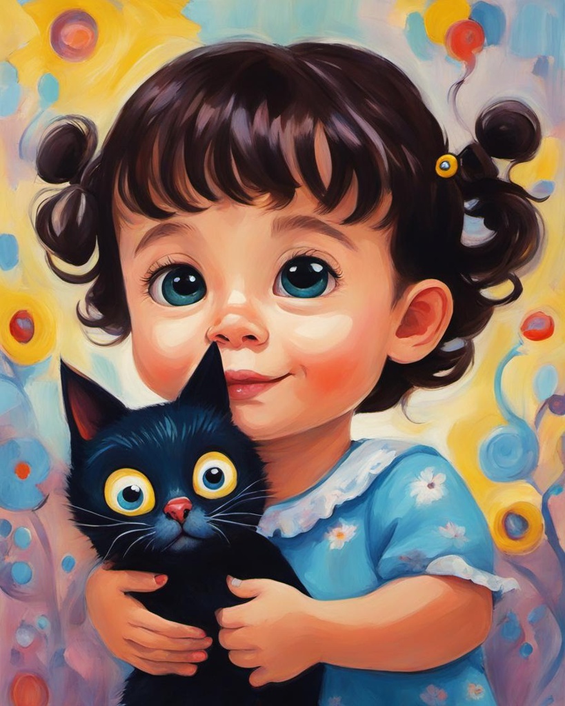 [Watercolor painting style, masterpiece] cartoonish painting of a cute and  whimsical toddler with big eyes, holding a cat, style of Tim Burton, style of niki del st phalle; [Pixar style, Disney] cartoonish painting of a cute and  whimsical toddler with big eyes, holding a cat, style of Tim Burton, style of niki del st phalle; [Pixar style, Disney] cartoonish painting of a cute and  whimsical happy toddler with big eyes, holding a cat, style of Tim Burton, style of niki del st phalle