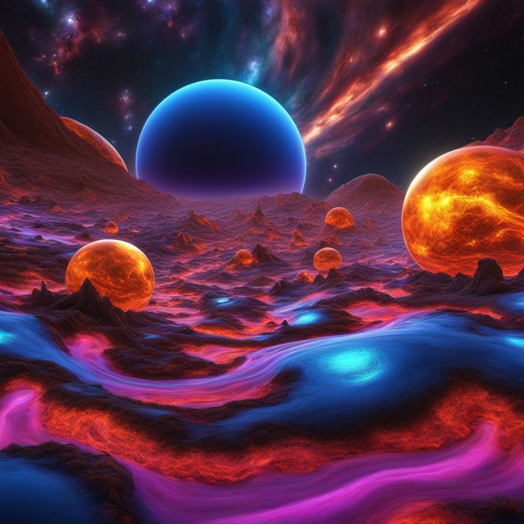 [vibrant liquid plasma] Alien Landscapes, ((alien-worlds, colorful, illustration, outer-space, psychedelic, science-fiction))":"HDRI, Insanely Detailed, Photographic, f/22, 14mm Lens