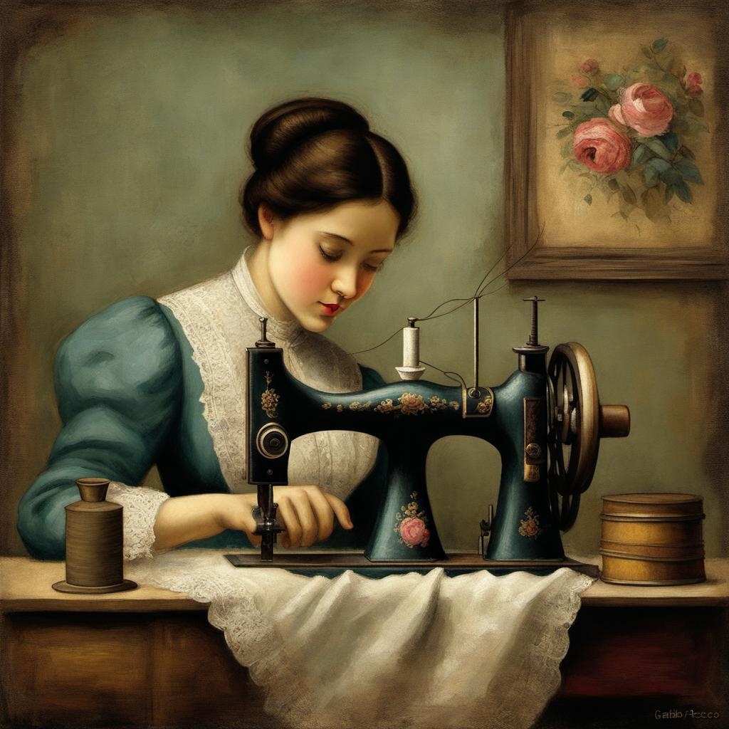 [Oil painting style, impasto, masterpiece] Victorian woman using a traditional sewing machine Gabriel Pacheco style in; [Oil painting style, impasto, masterpiece] Victorian woman using a traditional sewing machine Gabriel Pacheco style in