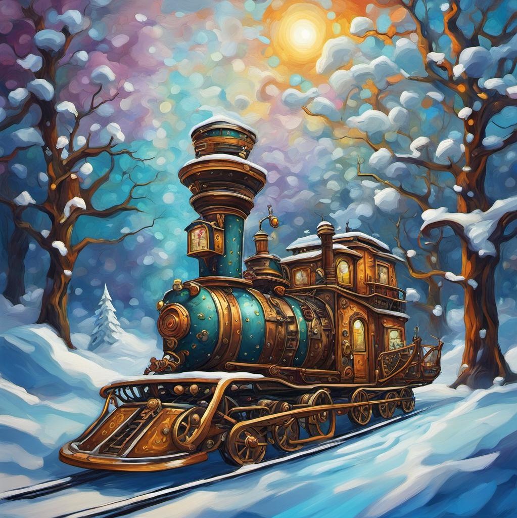 [Oil painting style, impasto, masterpiece] Steampunk winter wonderland, Steampunk Santa, steampunk Christmas sled, snow, trees,  abstract vector fractal, Zentangle, 3d shading graffiti art, splash art, street art, spray paint, oil gouache melting, acrylic, high contrast, colorful polychromatic, ultra detailed, ultra quality, CGSociety