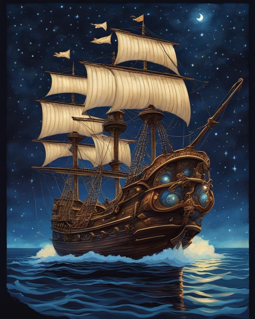 [Watercolor painting style, masterpiece] Man O'War pirate ship, fantasy background, night sky, stars; [Oil painting style, impasto, masterpiece] Man O'War pirate ship, fantasy background, night sky, stars; [Style of vintage illustration] Man O'War pirate ship, fantasy background, night sky, stars; [vibrant liquid plasma] Man O'War pirate ship, fantasy background, night sky, stars; [Style of paper filigree painting] Man O'War pirate ship, fantasy background, night sky, stars; [Painting, Art Nouveau] Man O'War pirate ship, fantasy background, night sky, stars