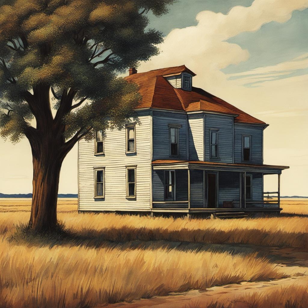 [Style of vintage illustration] Edward Hopper Farm, Sad, isolated, Kansas, Plains, Lonely, intricate details, HDR, beautifully shot,