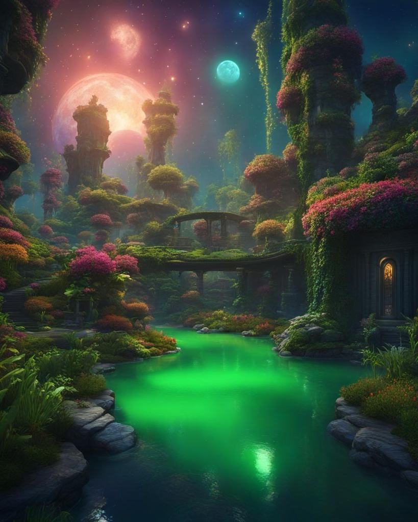 [Painting, Art Nouveau] Utopian city, night sky, stars, galaxies, off planet, green, lush, beautiful, mystical, waterfalls,  detailed matte painting, deep color, fantastical, intricate detail, splash screen, complementary colors, fantasy concept art, 8k resolution trending on Artstation Unreal Engine 5 Professional photography, bokeh, natural lighting, canon lens, shot on dslr 64 megapixels sharp focus