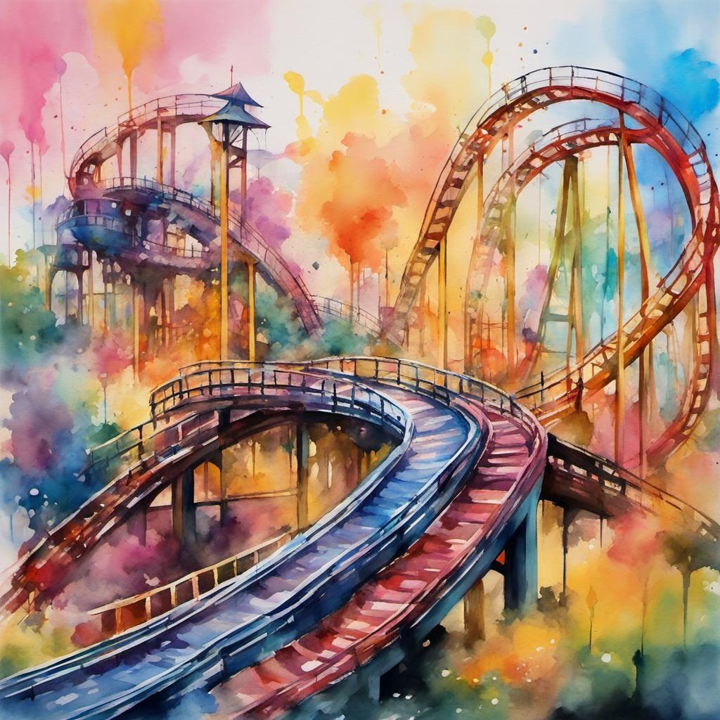 [Watercolor painting style, masterpiece] theme park, rollercoaster, ins and outs ups and downs soft pastel ink vivid graffiti art, splash art,