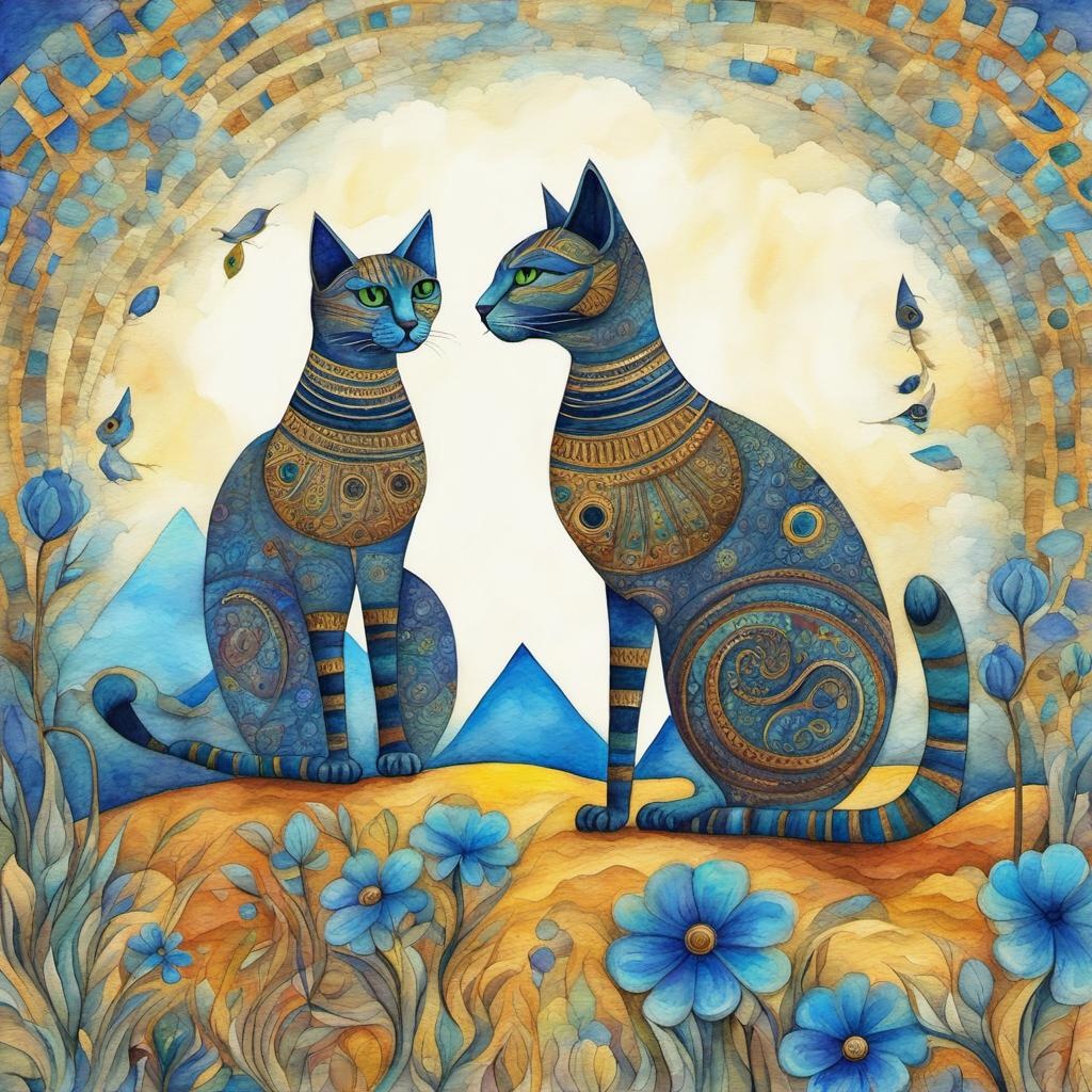 [Watercolor painting style, masterpiece] Egyptian cats walking with little flowers acrylic oil pastel abstract vector fractal, Zentangle, 3d shading