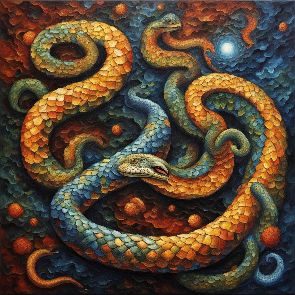 [Oil painting style, impasto, masterpiece] Quantum Serpents Odyssey