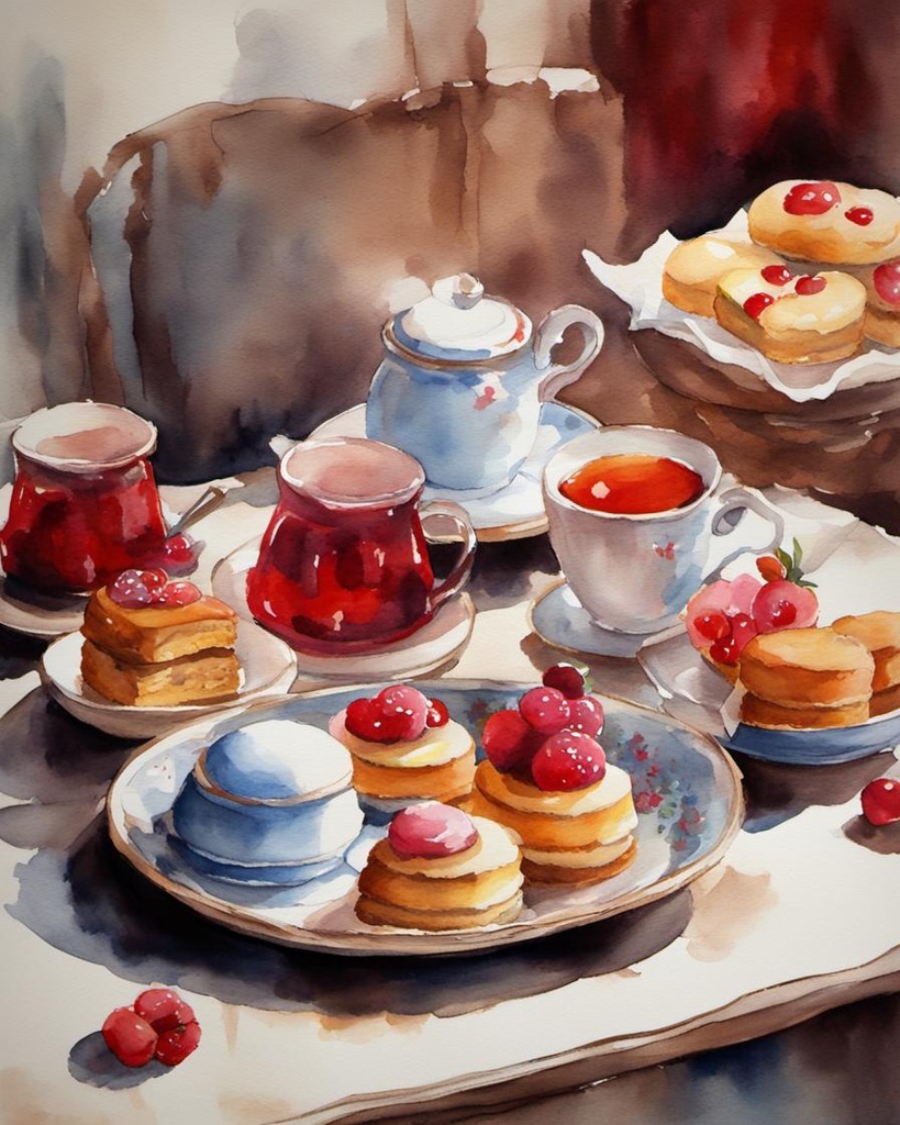 [Watercolor painting style, masterpiece] Tea time, with Alice, small cakes or biscuits, medium red colors and shades