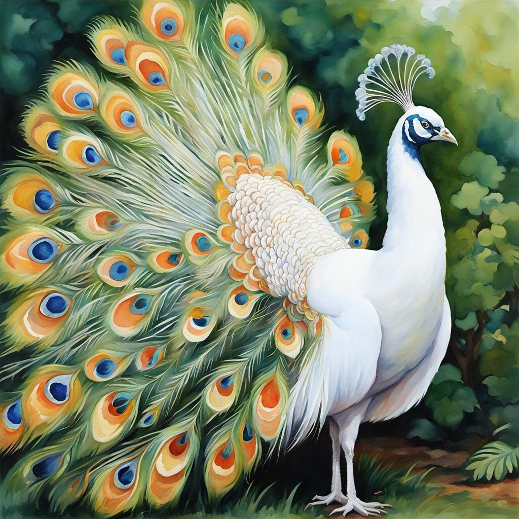 [Watercolor painting style, masterpiece] albino peacock full body in the yard oil acrylic