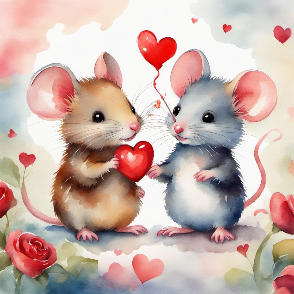 [Watercolor painting style, masterpiece] Cute little mice with Valentine hearts, blurred background