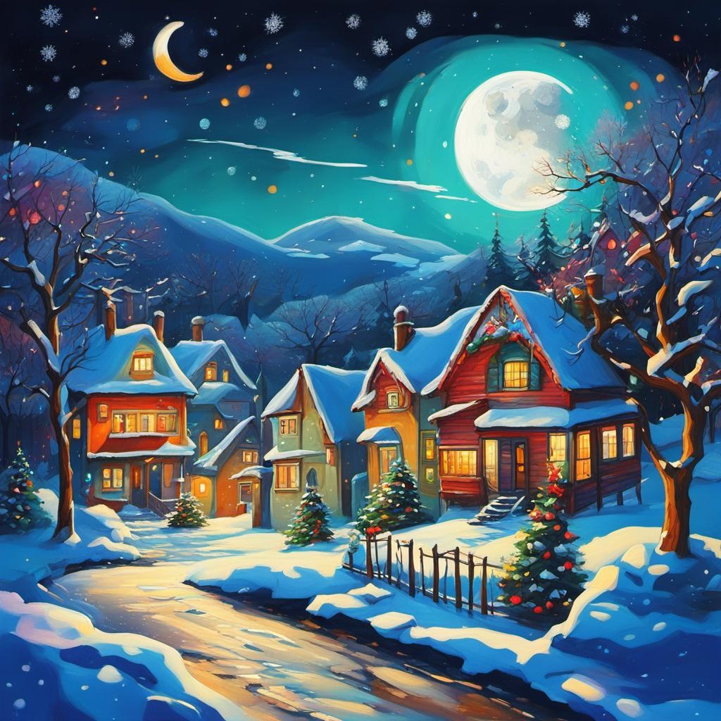 [vibrant liquid plasma] village landscape, cozy houses at Christmastime, night sky, moon, beautiful trees with Christmas lights, white snow, sharp focus,  graffiti art, splash art, street art, spray paint, oil gouache melting, acrylic, high contrast, colorful polychromatic, ultra detailed, ultra quality, CGSociety; [Painting, Art Nouveau] village landscape, cozy houses at Christmastime, night sky, moon, beautiful trees with Christmas lights, white snow, sharp focus,  graffiti art, splash art, street art, spray paint, oil gouache melting, acrylic, high contrast, colorful polychromatic, ultra detailed, ultra quality, CGSociety