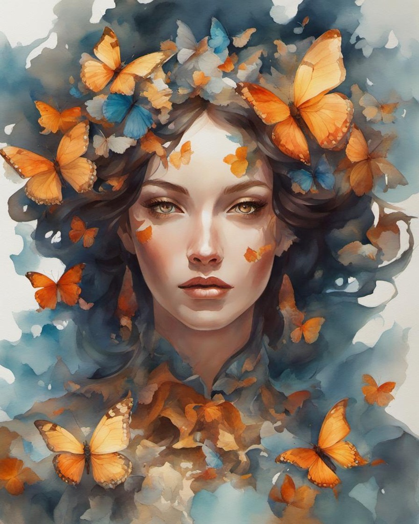 [Watercolor painting style, masterpiece] unique woman made of butterflies and flower, petals, scorched beauty portrait, artgerm, Peter Mohrbacher