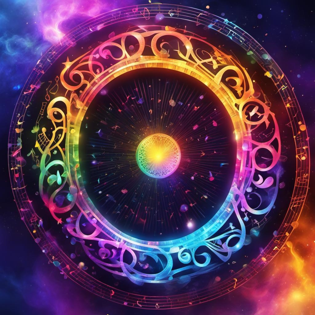 [vibrant liquid plasma] a colorful magic circle made out of musical notes and runic symbols,