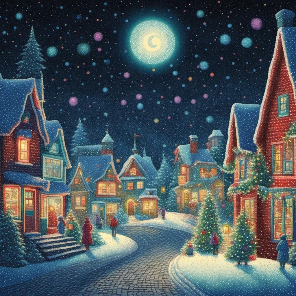 [Style of vintage illustration] christmas town scene, colorful bioluminescent pointillist stippling, dot pointillism