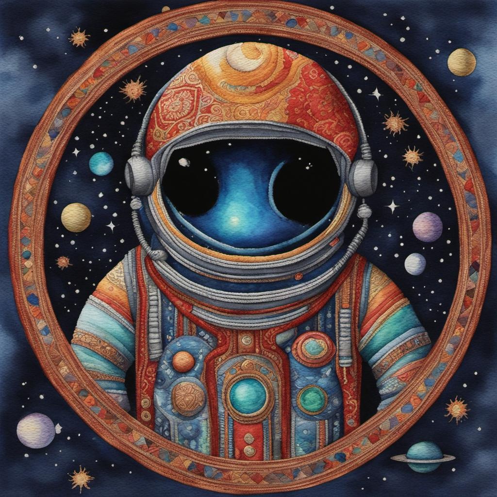 [Watercolor painting style, masterpiece] Kashmiri embroidery of an alien spaceman