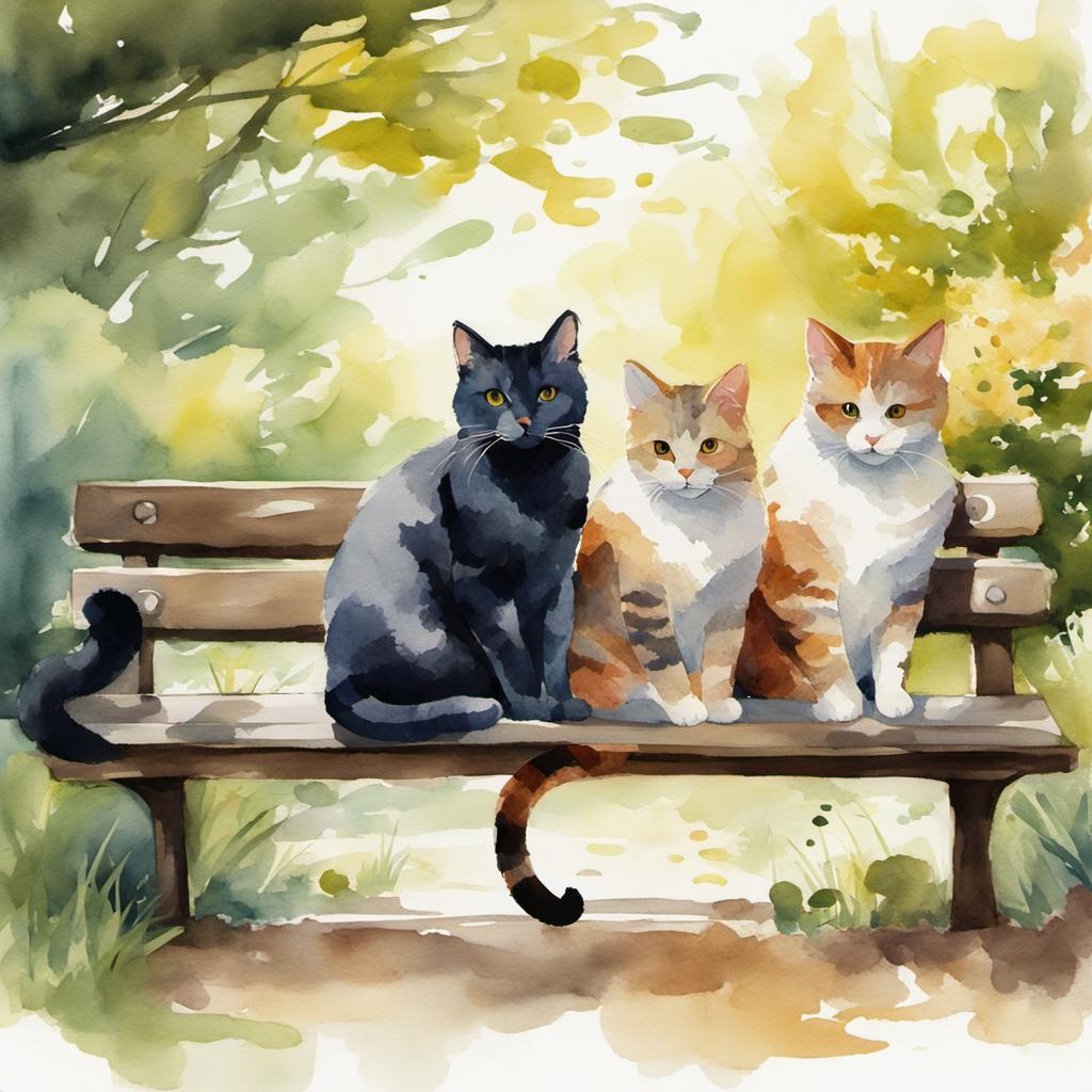 [Watercolor painting style, masterpiece] illustration of 2 cats and a girl sitting on a bench