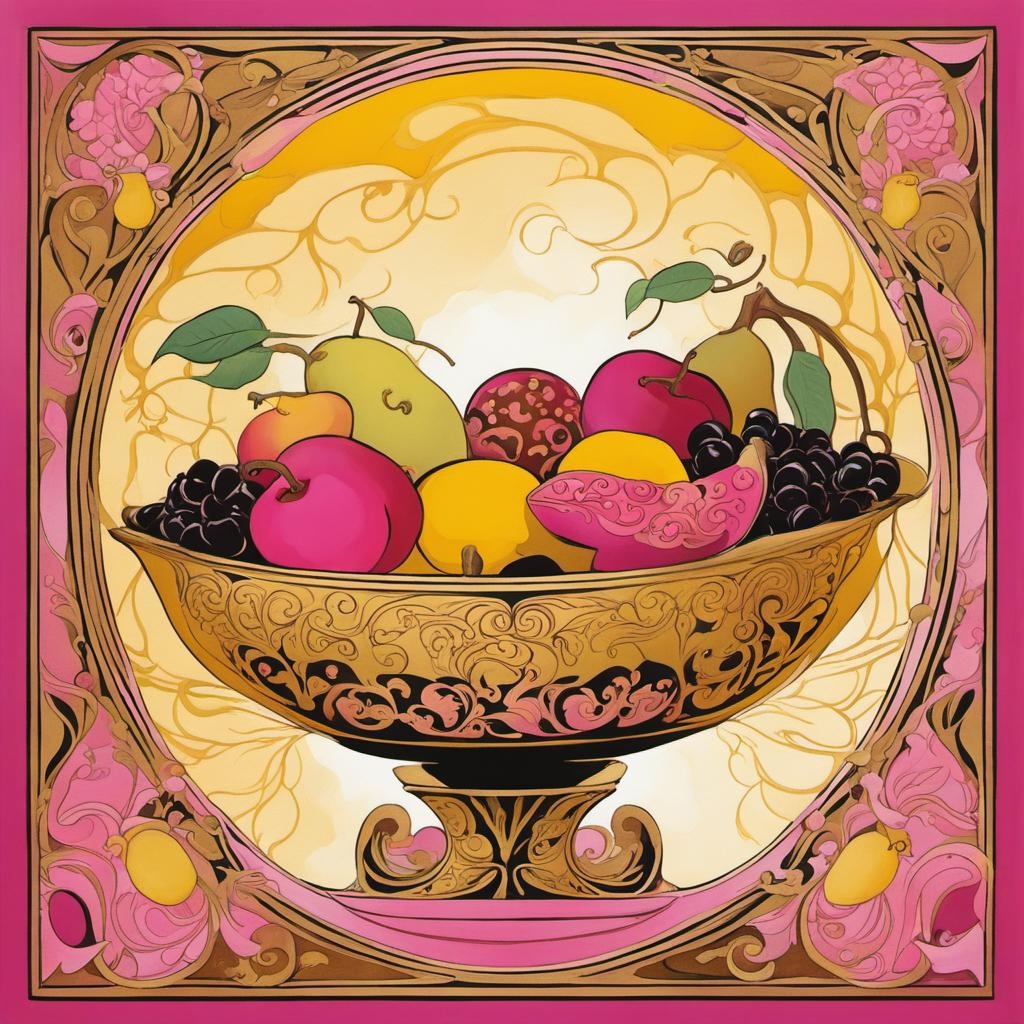 [Painting, Art Nouveau] bowl of fruit in the style of whimsical gold and pink, whimsical dreamscapes, light gold and dark pink, stencil art, celestial