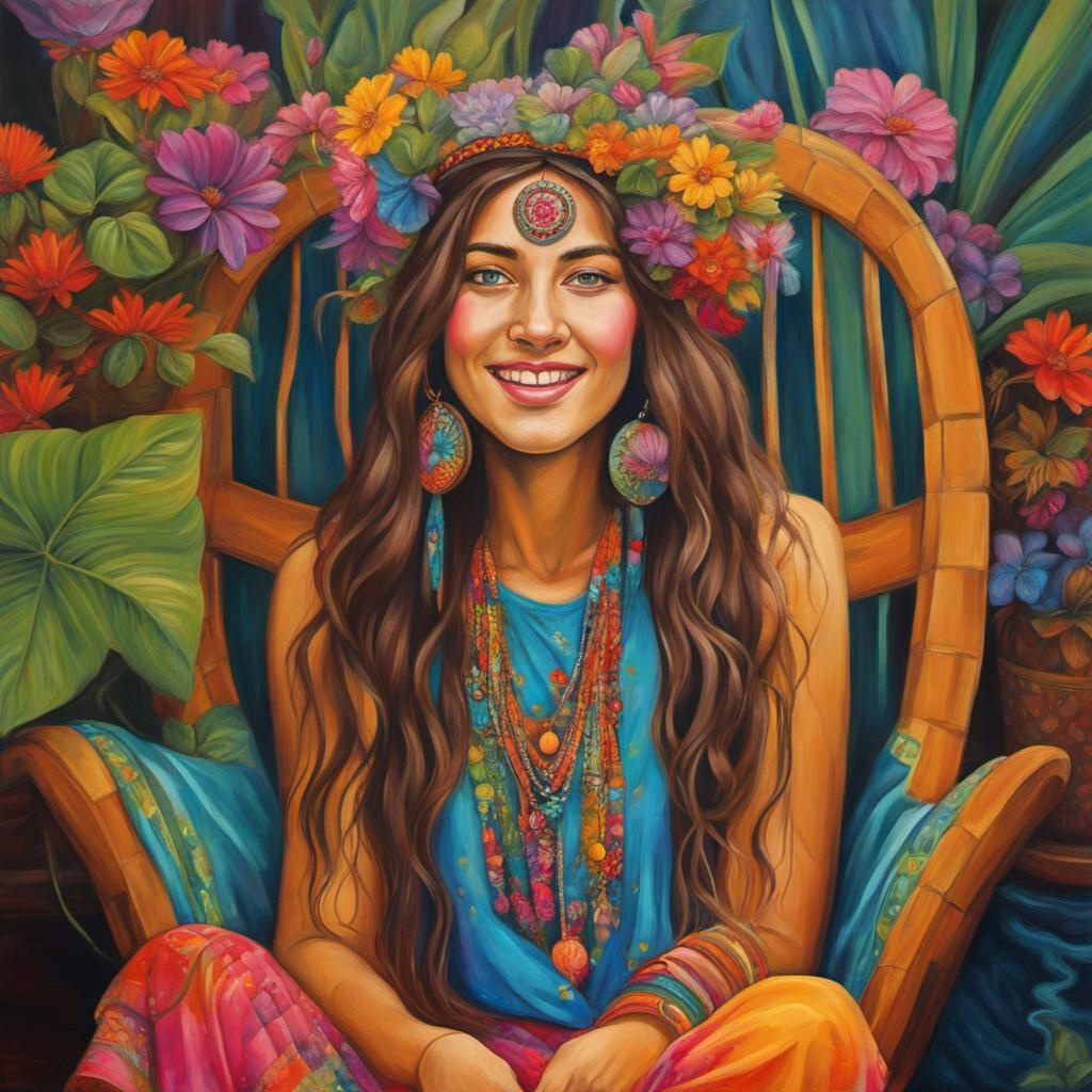 a whimsical hippie woman with long hair, eyes open, eyelashes, small nose, and thin lips, flashing the peace sign, wearing a floral headband, on her feet there is moccasin shoe boots, colorful psychedelic clothes. she is sitting in a fan back wicker chair on a porch with potted plants. The background is hyper-detailed, high resolution, oil painting, detailed facial features, alcohol ink neon